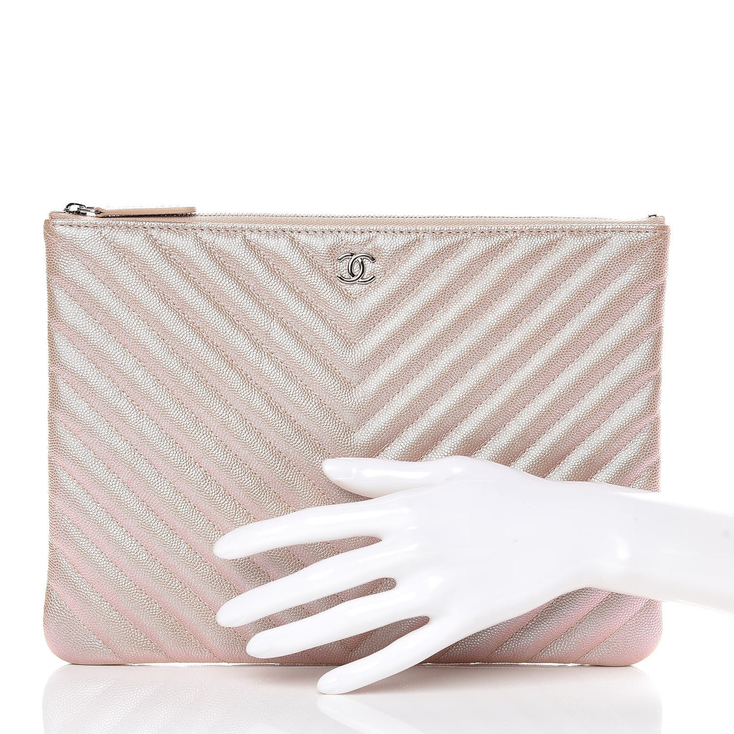 Iridescent Caviar Chevron Quilted Medium Cosmetic Case Light Gold