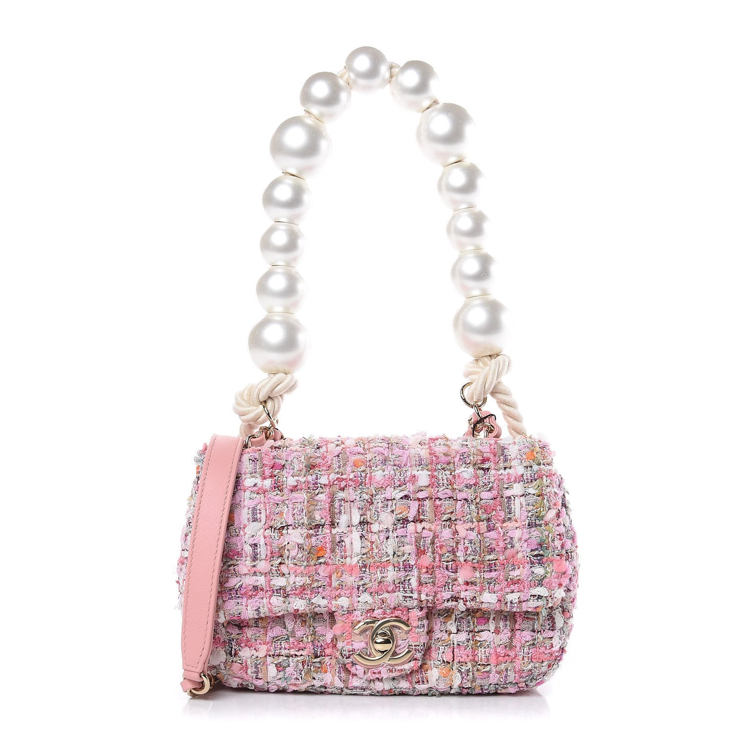 Tweed Mini Pearl Handle Flap Pink Beige Orange Ecru
