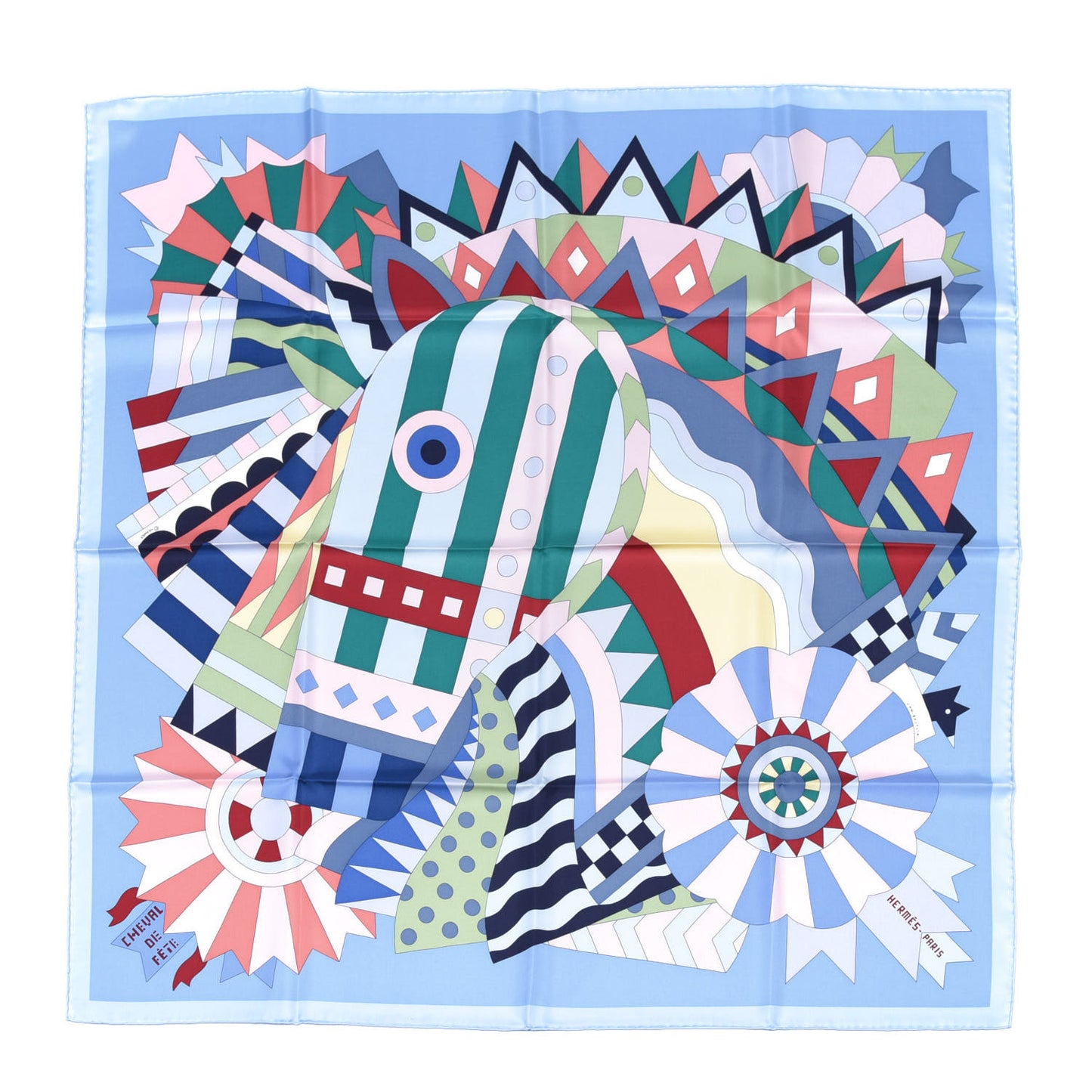 Silk Cheval de Fette Scarf 90 Bleu Ciel Vert Rose