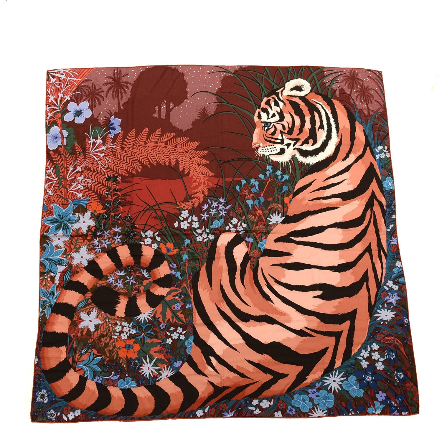 Hermes Cashmere Silk Tyger Tyger Shawl 140 Bordeaux Bleu Corail 1 of 4