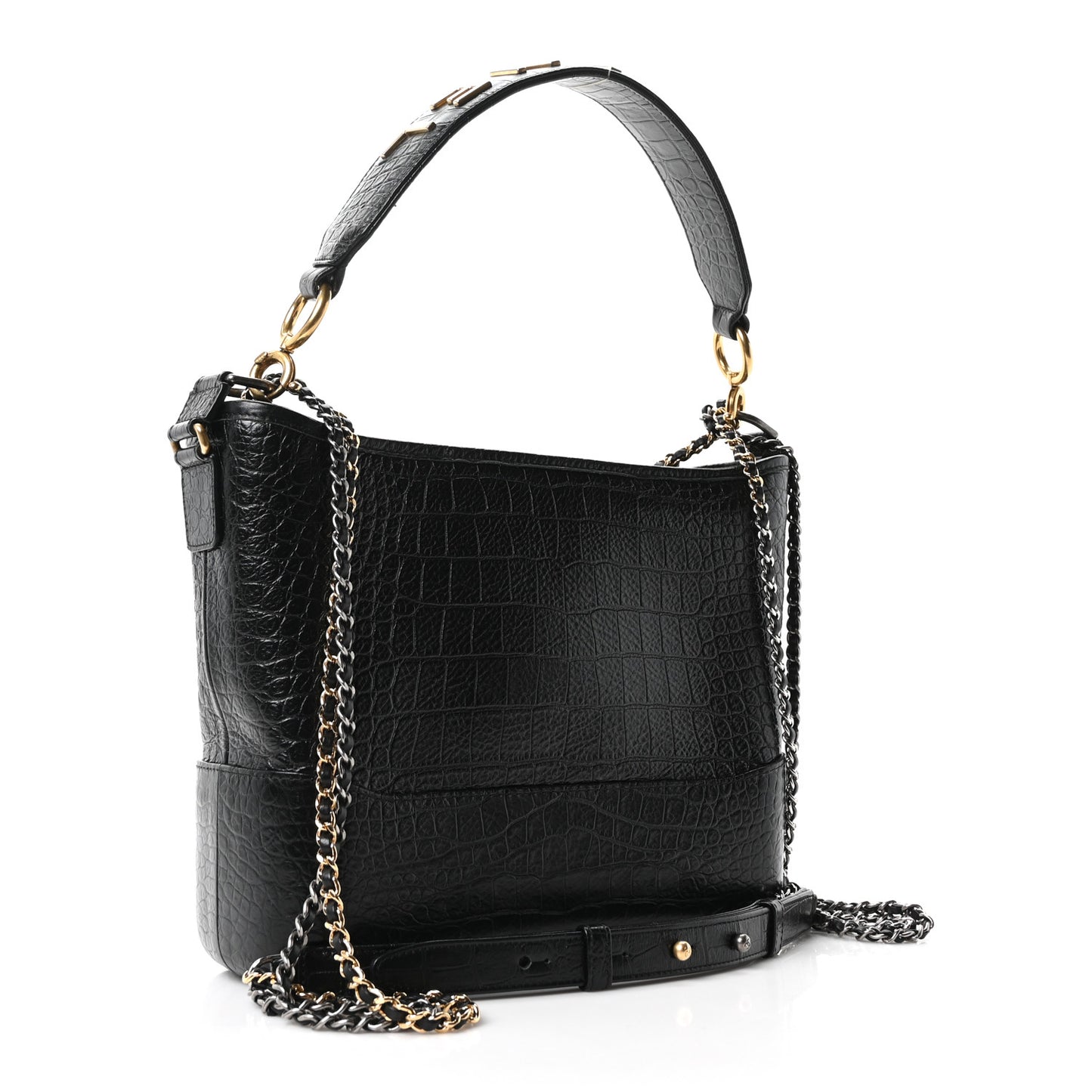 Crocodile Embossed Calfskin Medium Gabrielle Cocodile Hobo Black