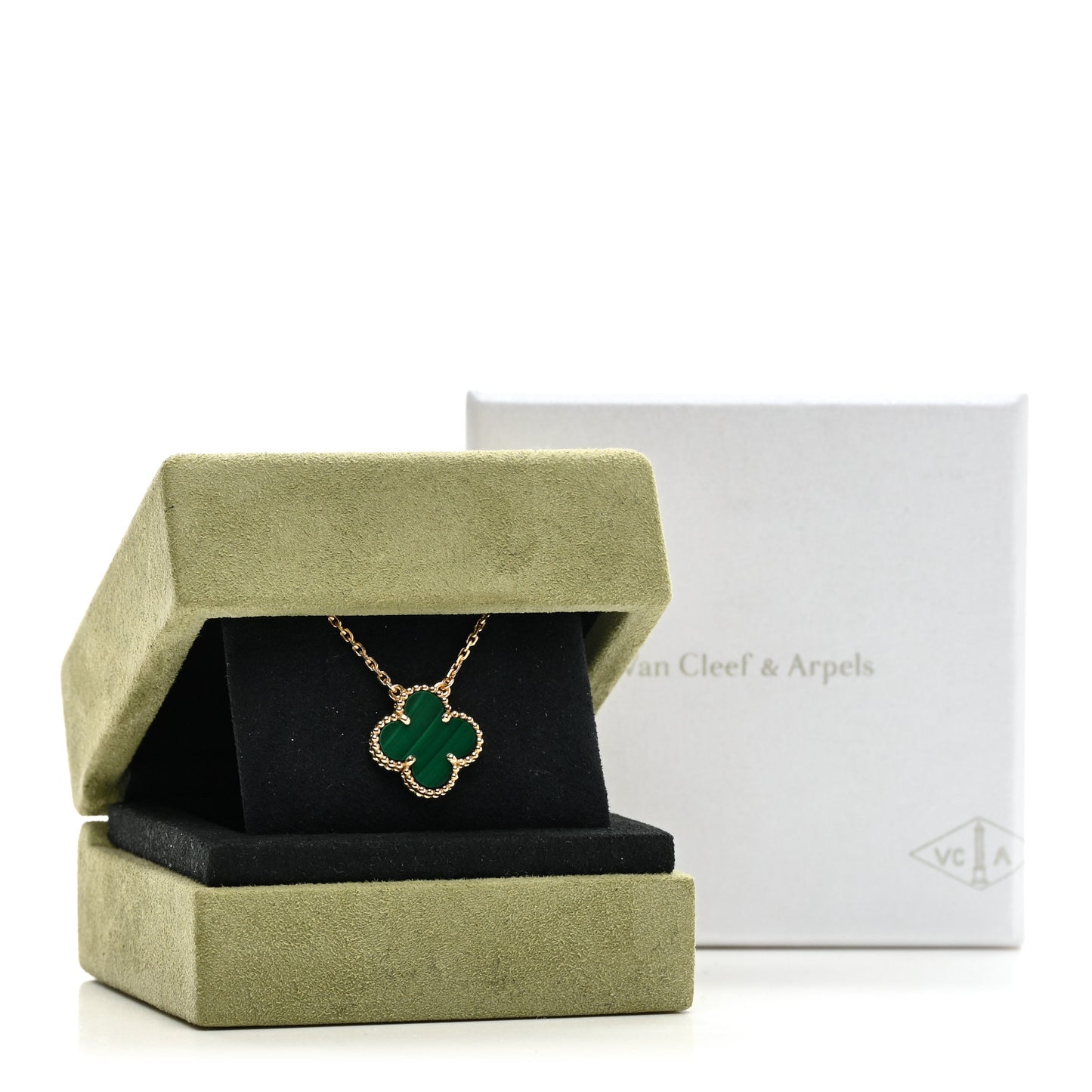 18K Yellow Gold Malachite Vintage Alhambra Pendant Necklace