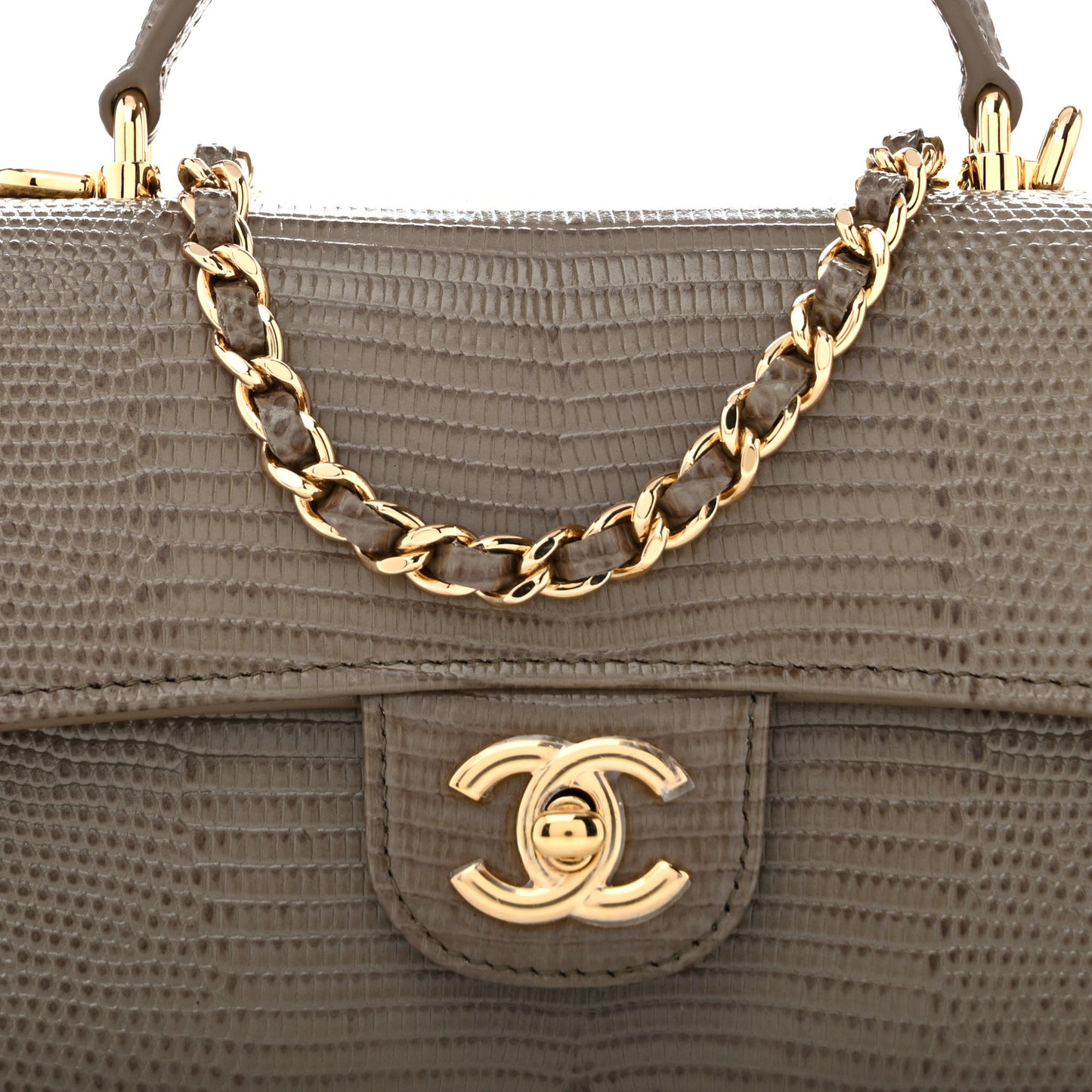Calfskin Lizard Embossed Top Handle Long Clutch With Chain Dark Khaki