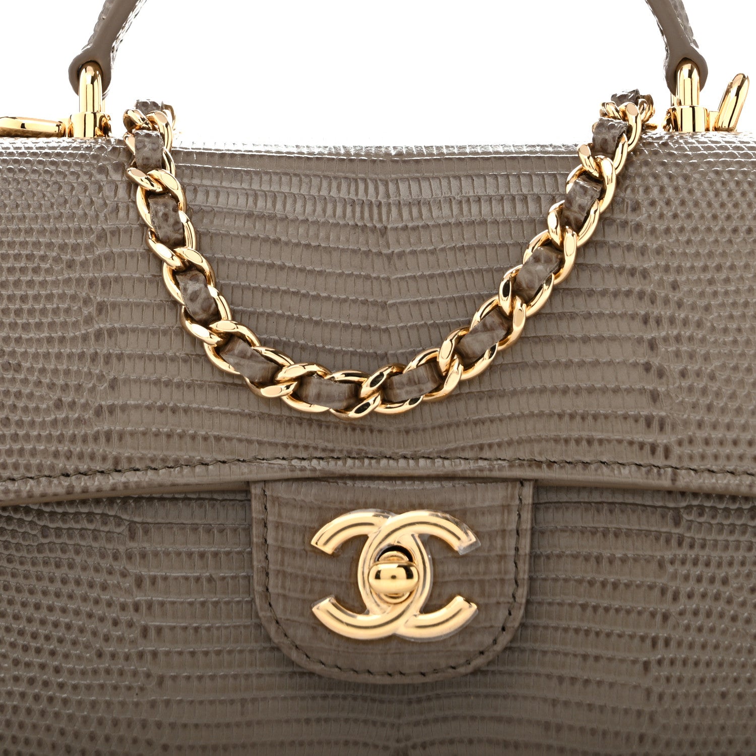 Chanel Calfskin Lizard Embossed Top Handle Long Clutch With Chain Dark Khaki 8 of 11