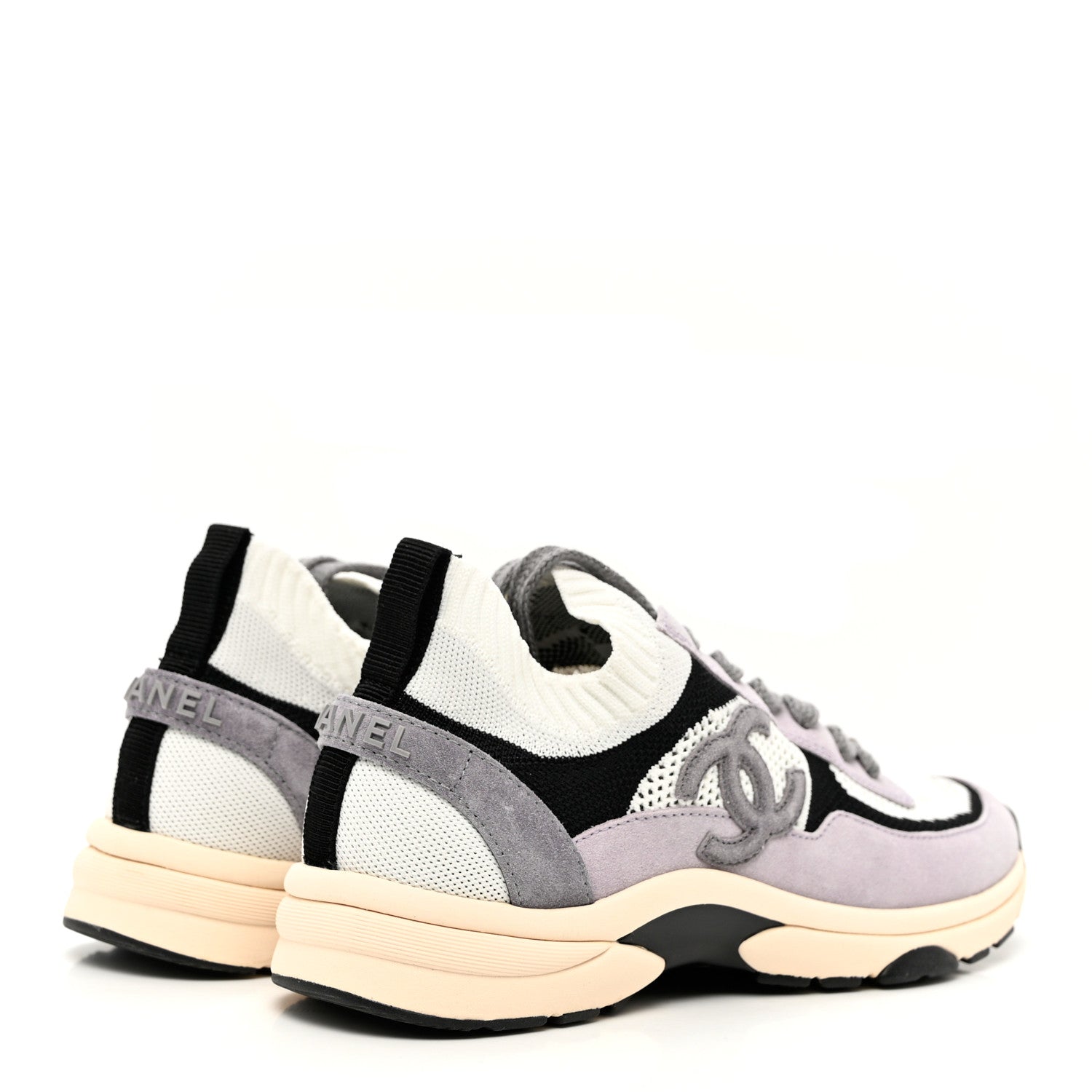 Chanel Mesh Suede Fabric Womens CC Sneakers 39 White Black Purple Dark Purple 4 of 9