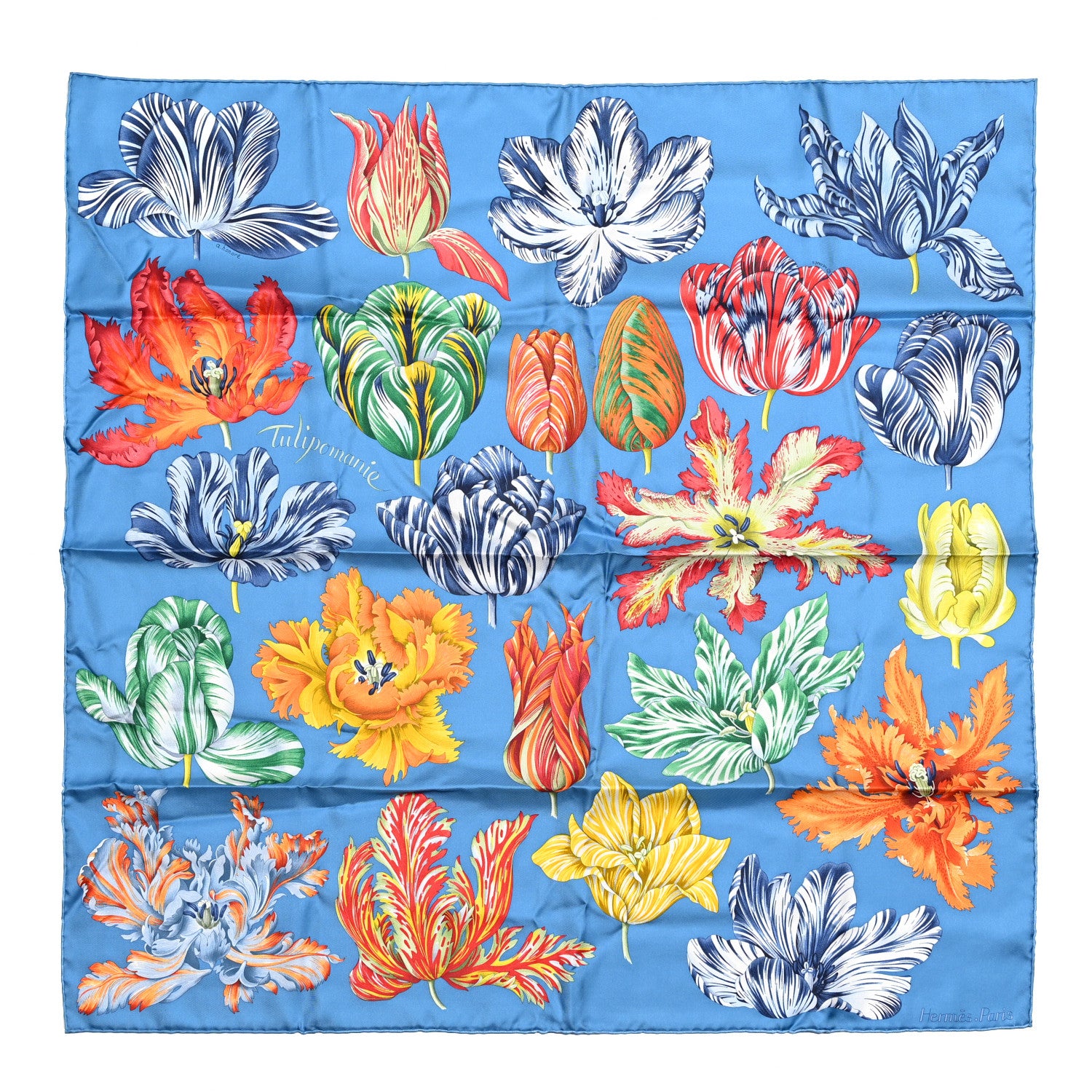 Hermes Silk Tulipomanie Scarf 90 Bleu Cobalt Orange 1 of 6
