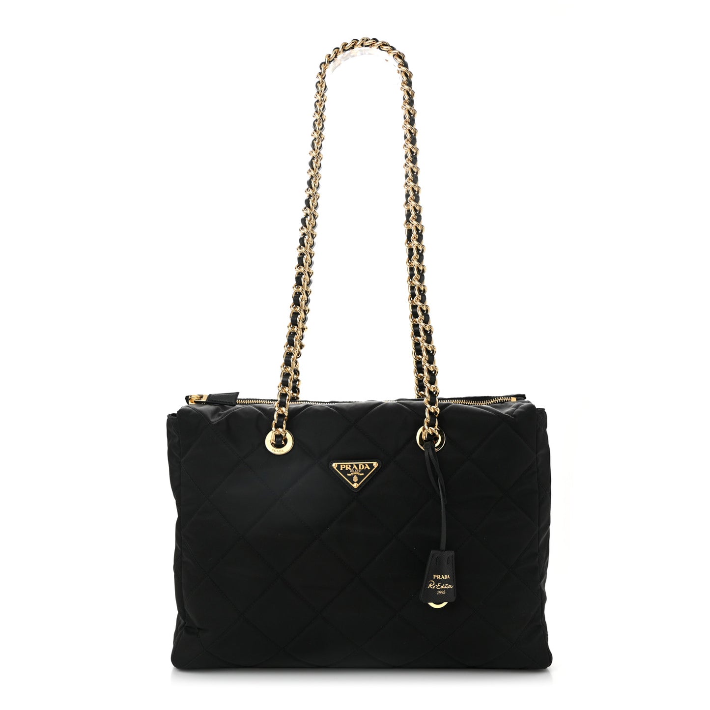 Re-Nylon Impunturato Saffiano Triangle Stitched Re-Edition 1995 Chaine Large Shoulder Bag Black
