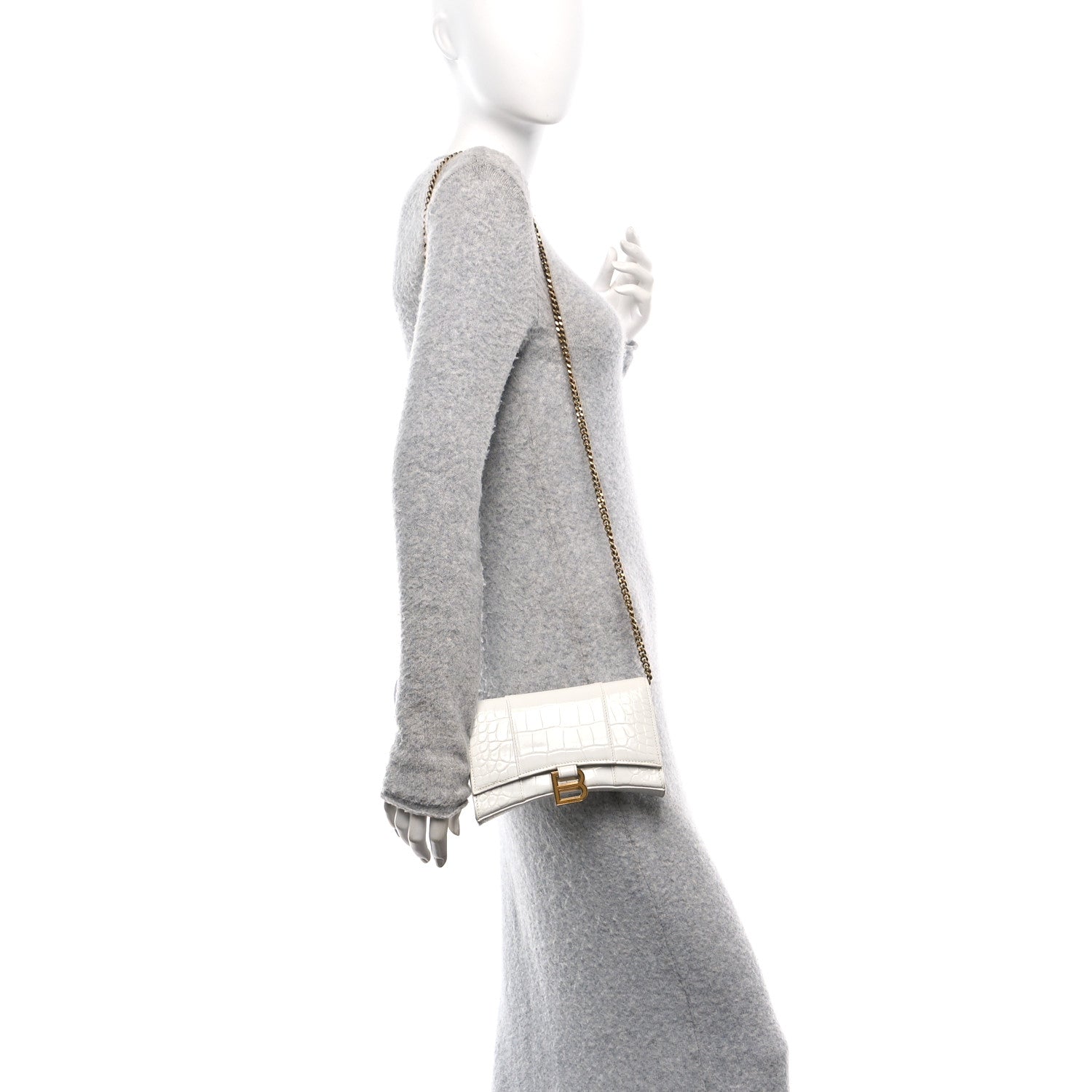 Balenciaga Shiny Calfskin Crocodile Embossed Hourglass Chain Bag White 2 of 9