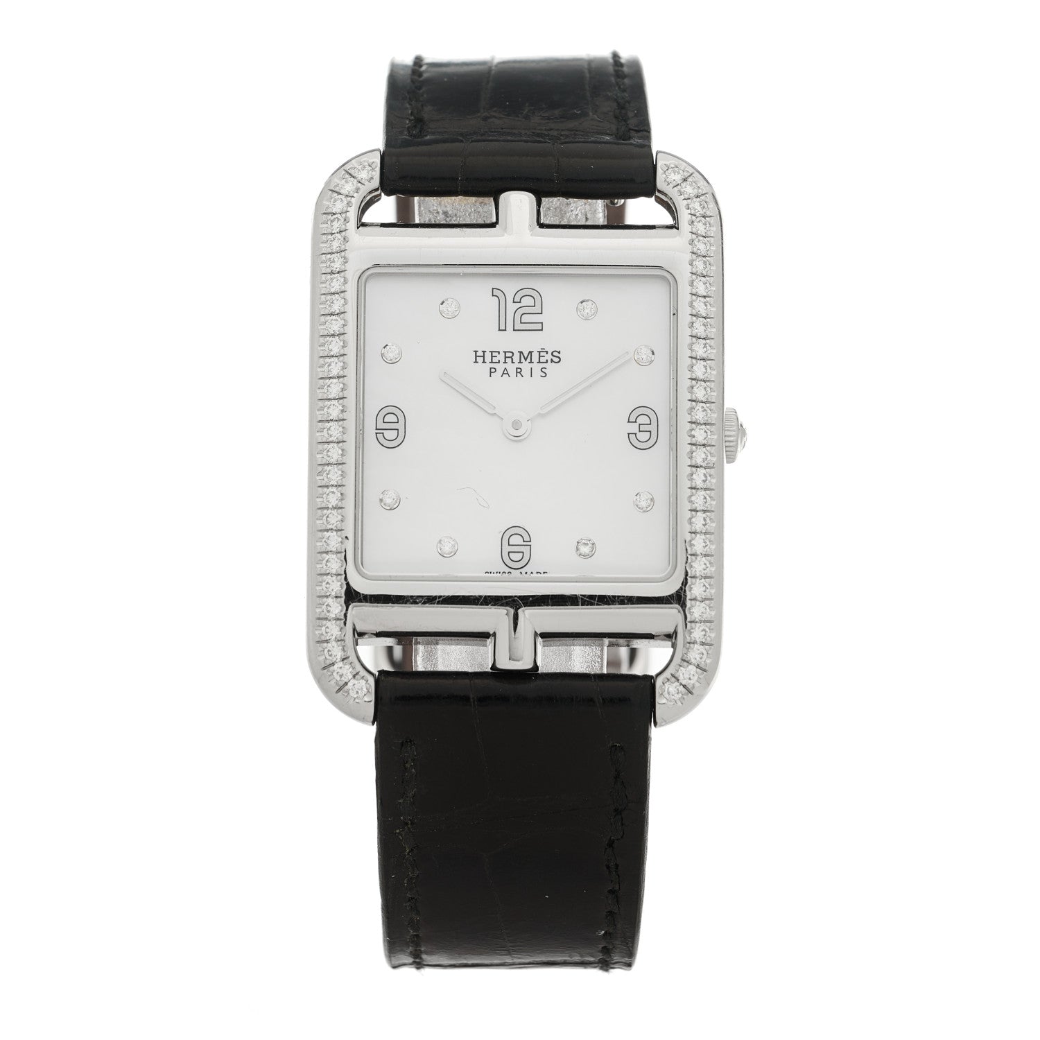 Hermes Stainless Steel Alligator Diamond Bezel Mother of Pearl 29mm Cape Cod Quartz Watch Noir 1 of 4