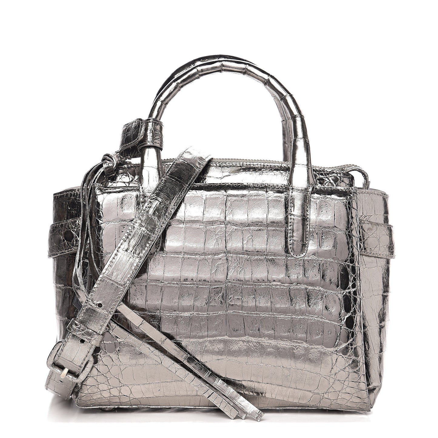 Metallic Crocodile Top Handle Shoulder Bag Silver
