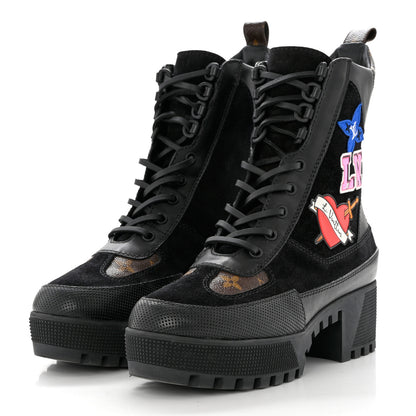Louis Vuitton Suede Calfskin Monogram LV Black Heart Laureate Platform Desert Boots 37.5 Black 3 of 8