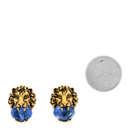 Gucci Metal Crystal Lion Clip On Earrings Aged Gold Blue 2 of 5