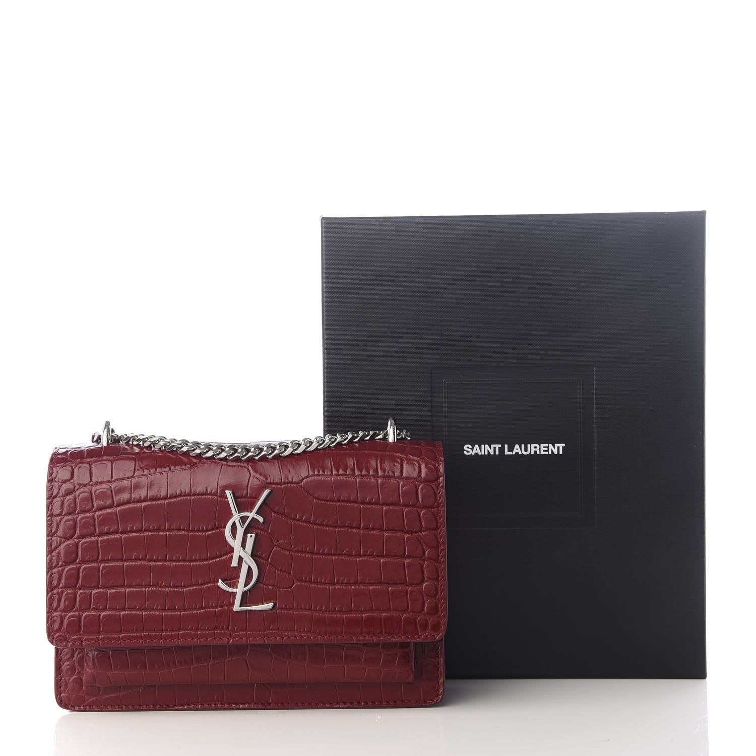 Saint Laurent Calfskin Crocodile Embossed Monogram Sunset Chain Wallet Palissandre 9 of 9