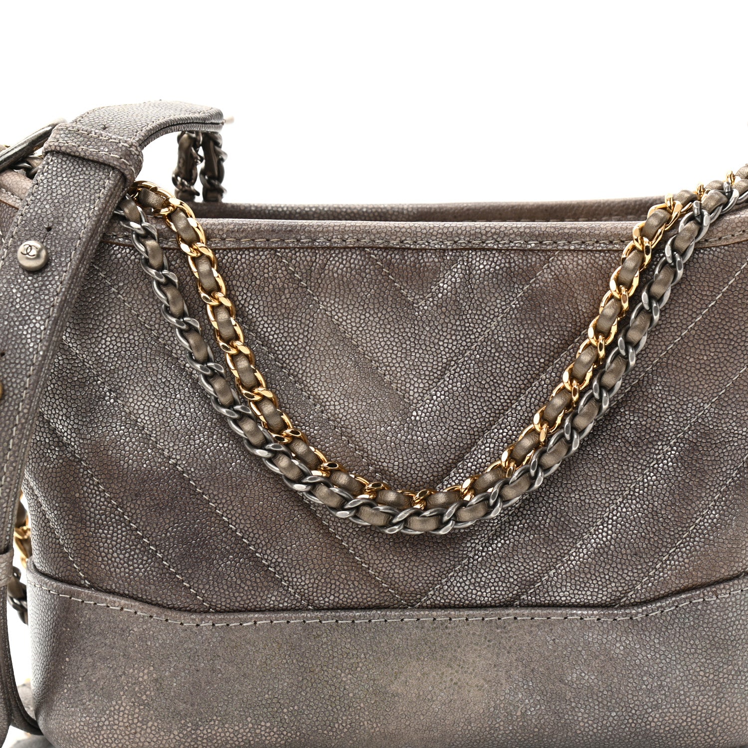 Chanel Metallic Caviar Chevron Quilted Small Gabrielle Hobo Light Silver Gold 14 of 17