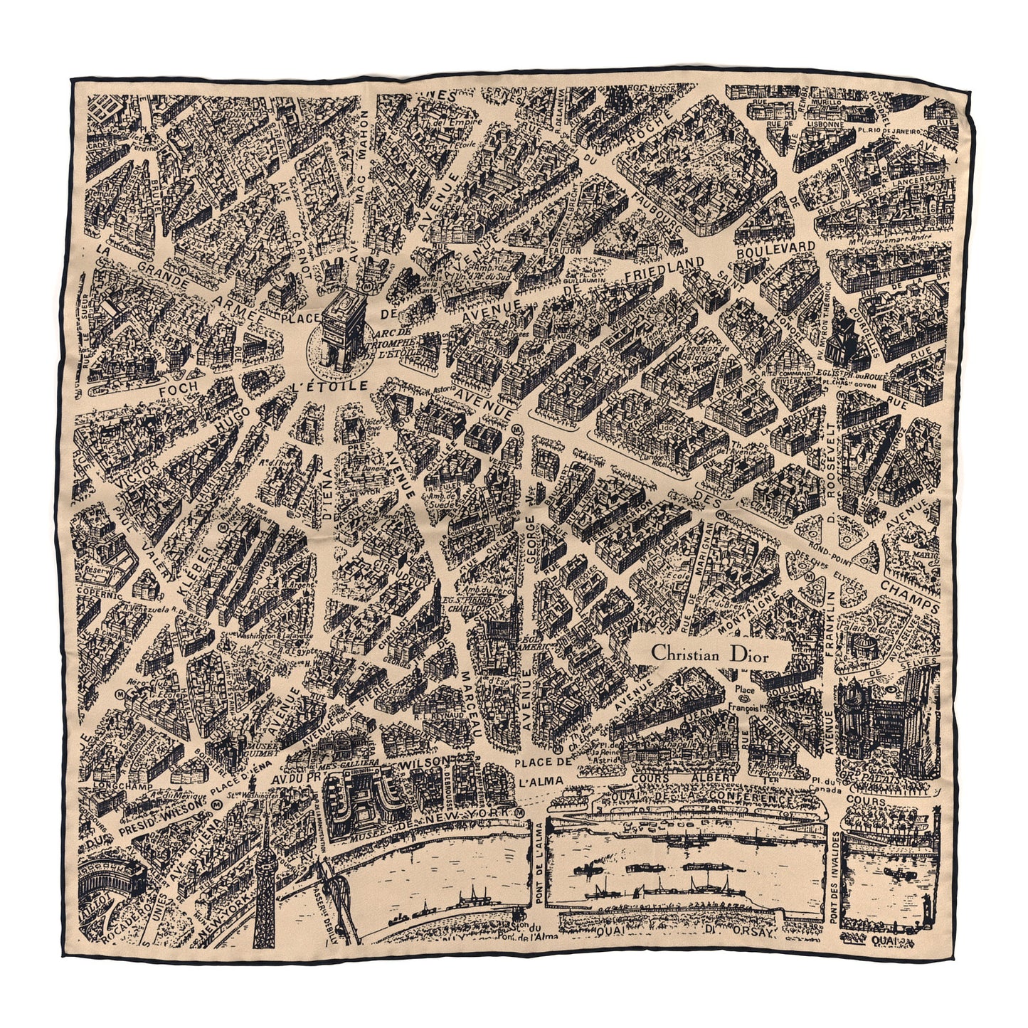 Silk Plan De Paris Print Square Scarf Beige Black