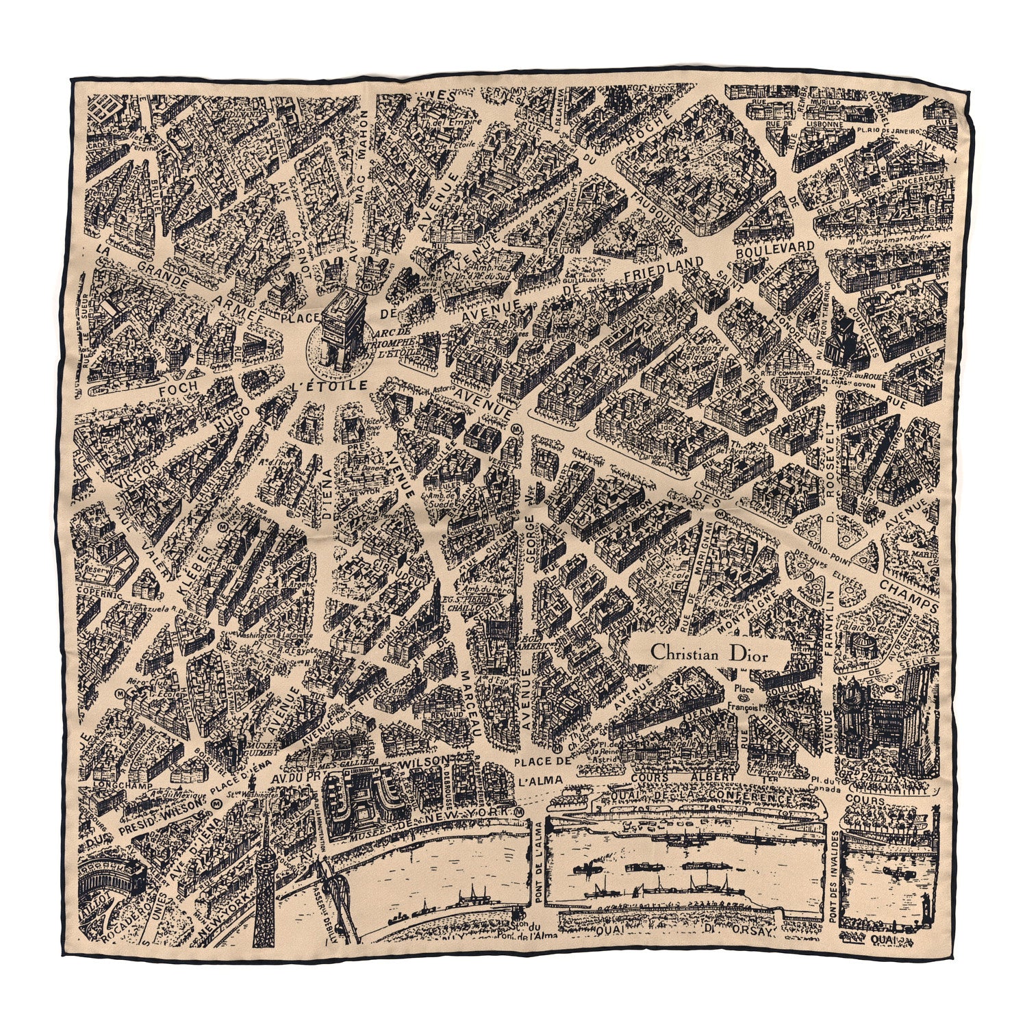 Christian Dior Silk Plan De Paris Print Square Scarf Beige Black 1 of 3