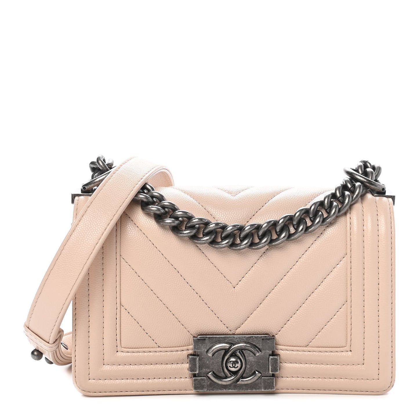 Caviar Chevron Quilted Small Boy Flap Light Beige