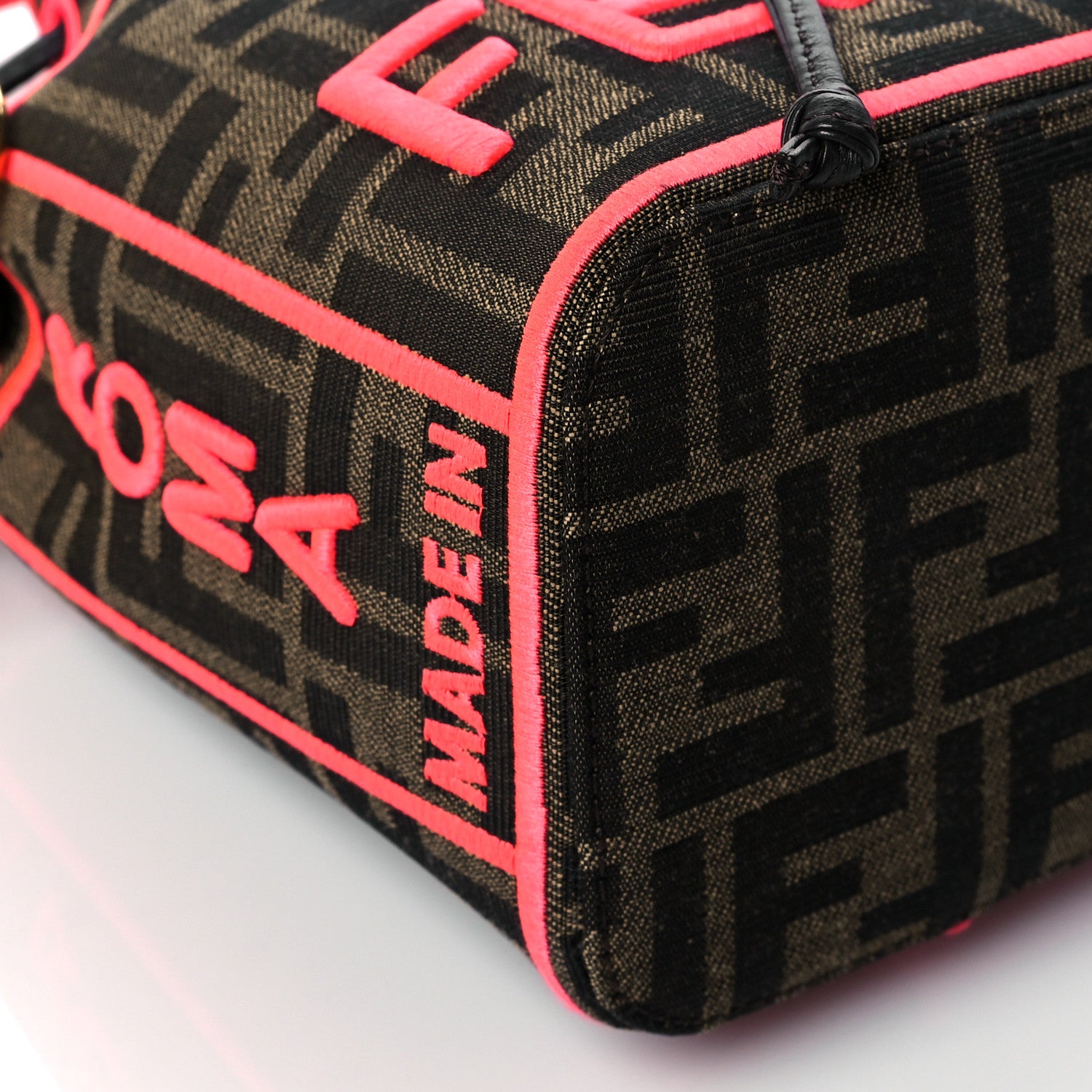 Fendi Fabric Jacquard Shiny Nappa FF 1974 Logo Threaded Edge Mini Mon Tresor Bucket Bag Tobacco Moro Fuxia Fluo 8 of 9