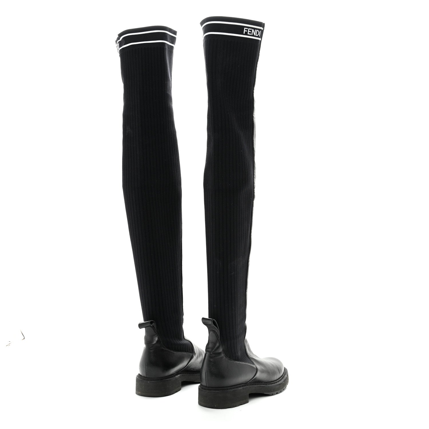 Fendi Lambskin Stretch Fabric Logo Rockoko Tall Boots 36 Black White 4 of 7
