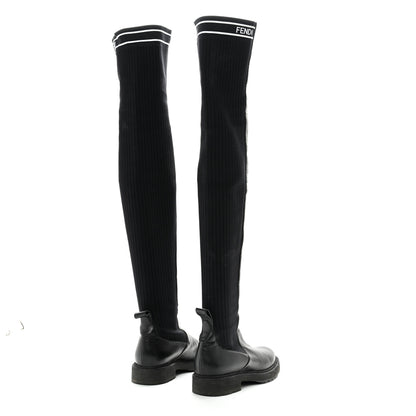 Fendi Lambskin Stretch Fabric Logo Rockoko Tall Boots 36 Black White 4 of 7