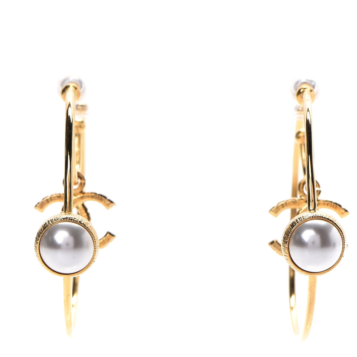 Pearl CC Tags Hoop Earrings Gold