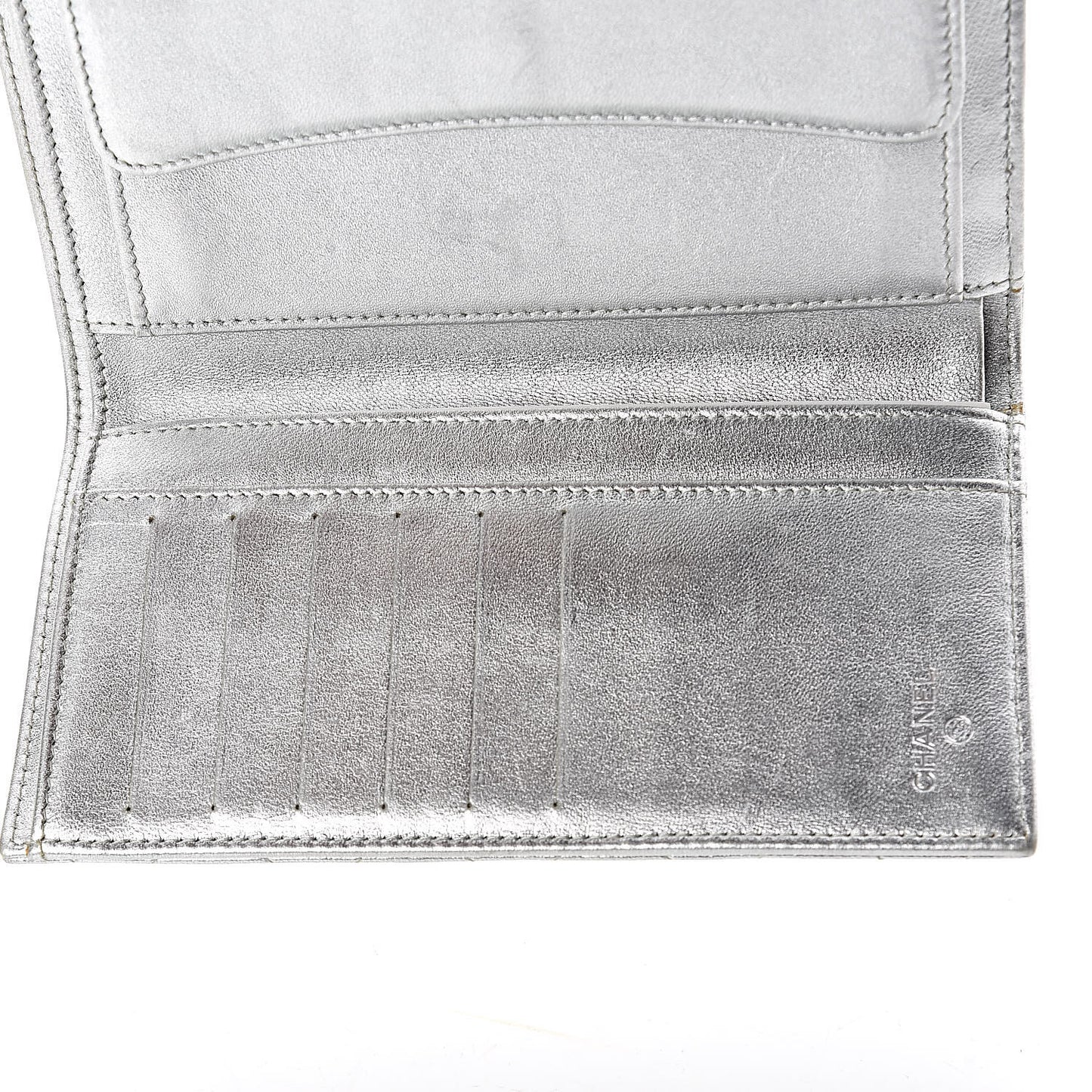 Metallic Lambskin Quilted Long Flap Wallet Silver