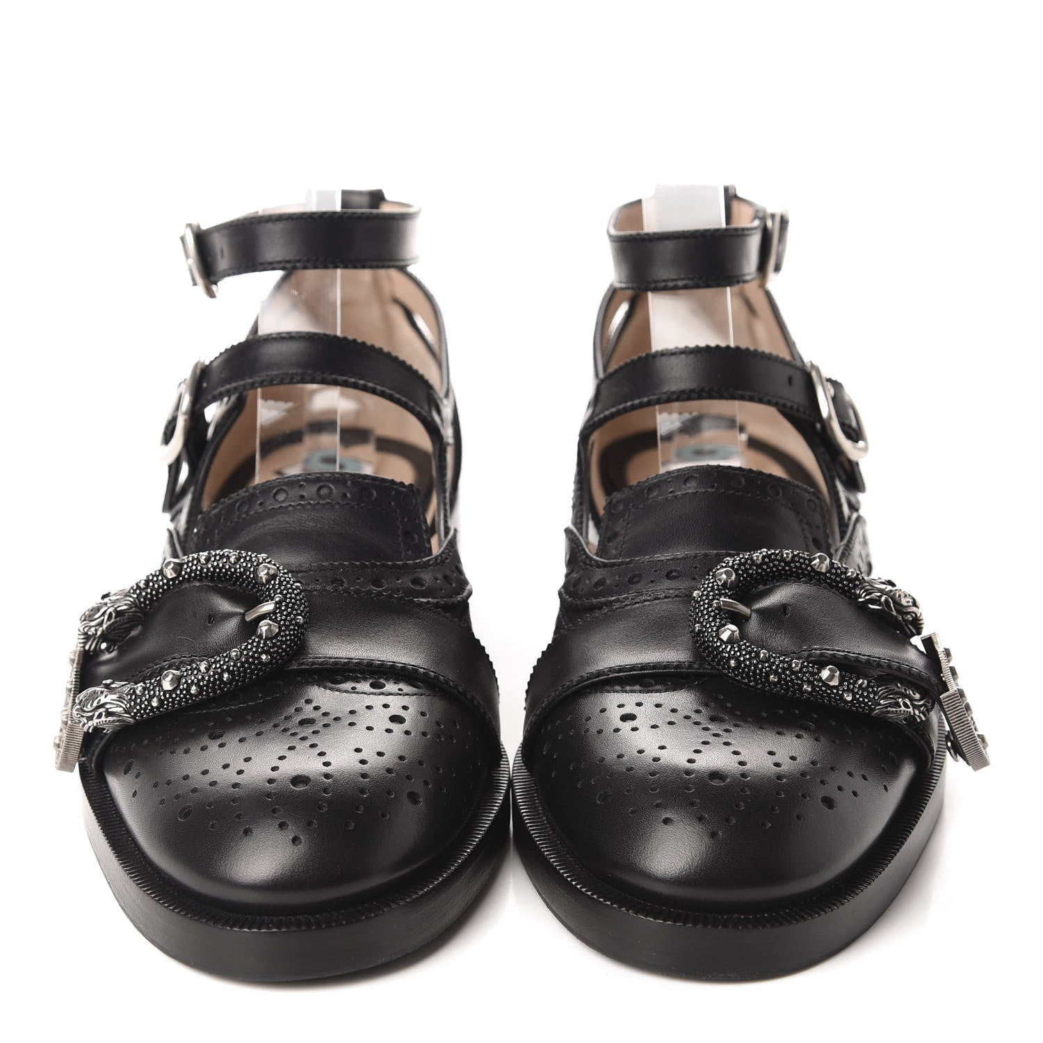 Gucci Calfskin Bee Embroidered Womens Queercore Brogue Wingtip Monk Strap Loafers 38 Black 2 of 10