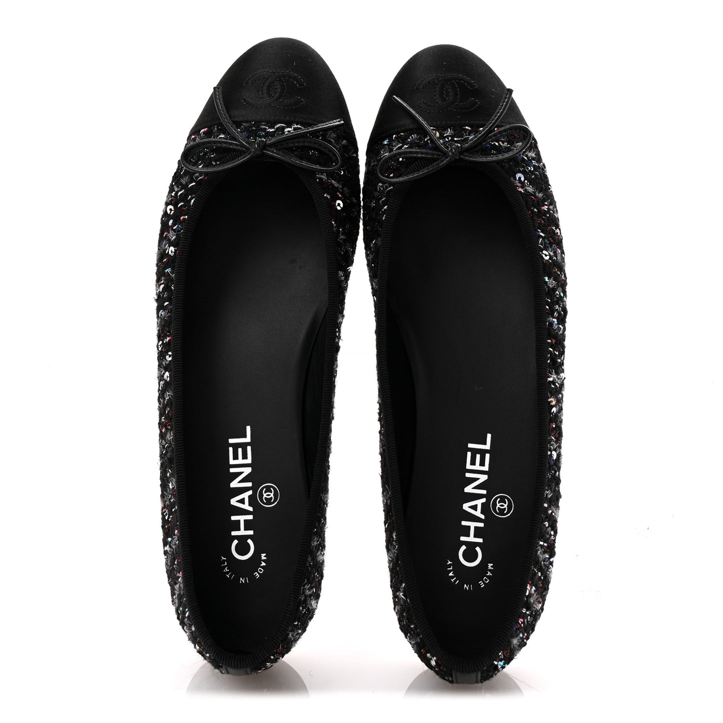 Tweed Sequin Satin Cap Toe Ballerina Flats 40.5 Black