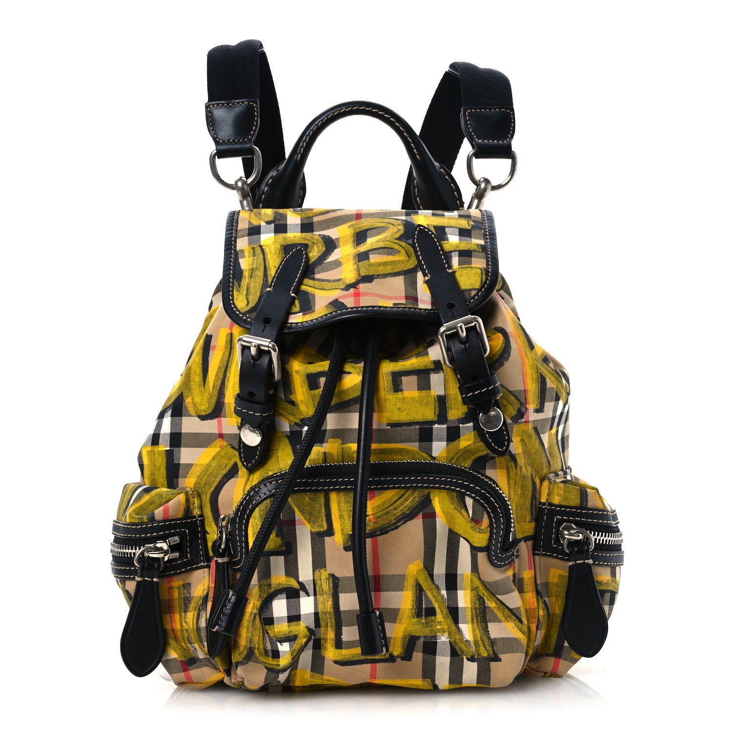 Burberry Calfskin Vintage Check Graffiti Print Small Rucksack Backpack Yellow 1 of 13