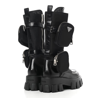 Prada Spazzolato Rois Re-Nylon Metal Triangle Logo Monolith Pouch Pocket 55mm Tall Combat Boots 36 Black 4 of 7