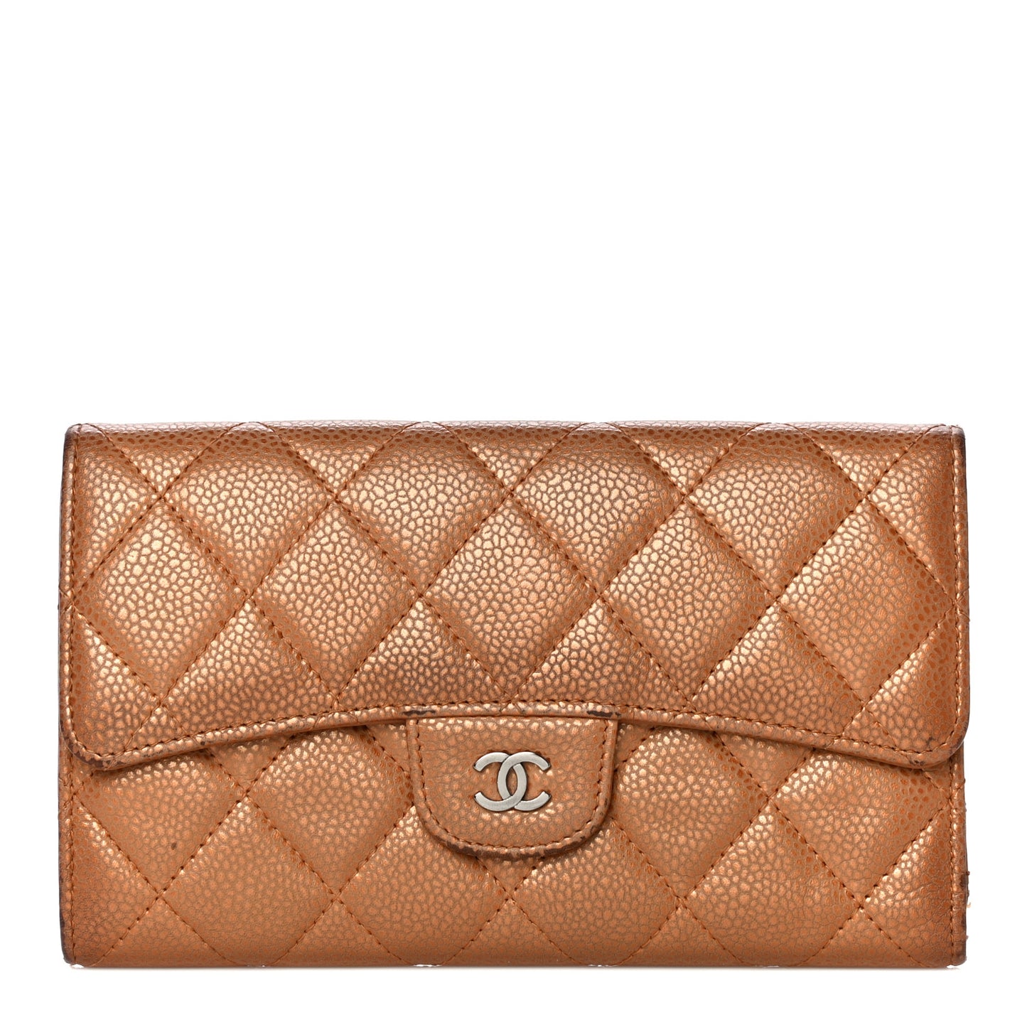 Metallic Caviar Quilted Large Flap Wallet Copper