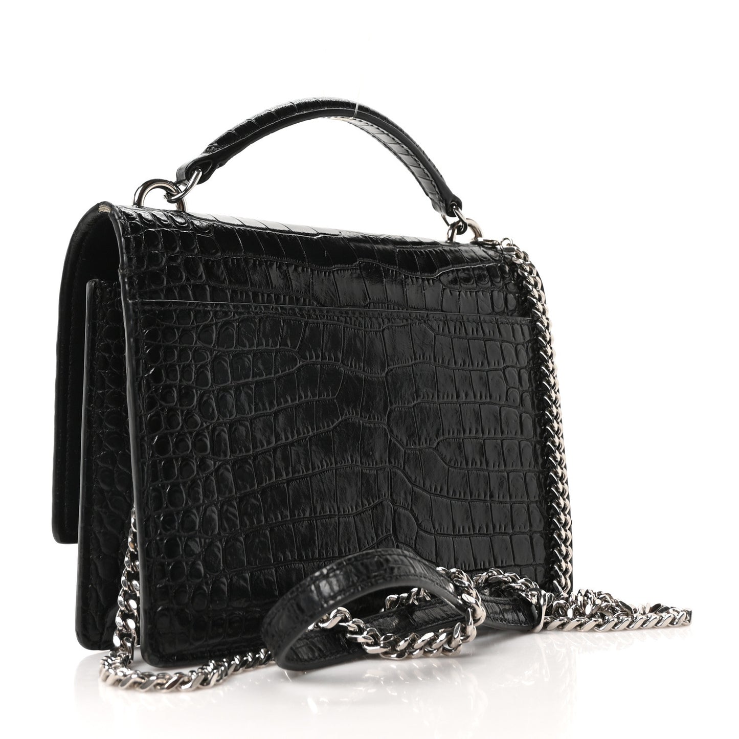 Calfskin Crocodile Embossed Monogram Sunset Top Handle Chain Wallet Black