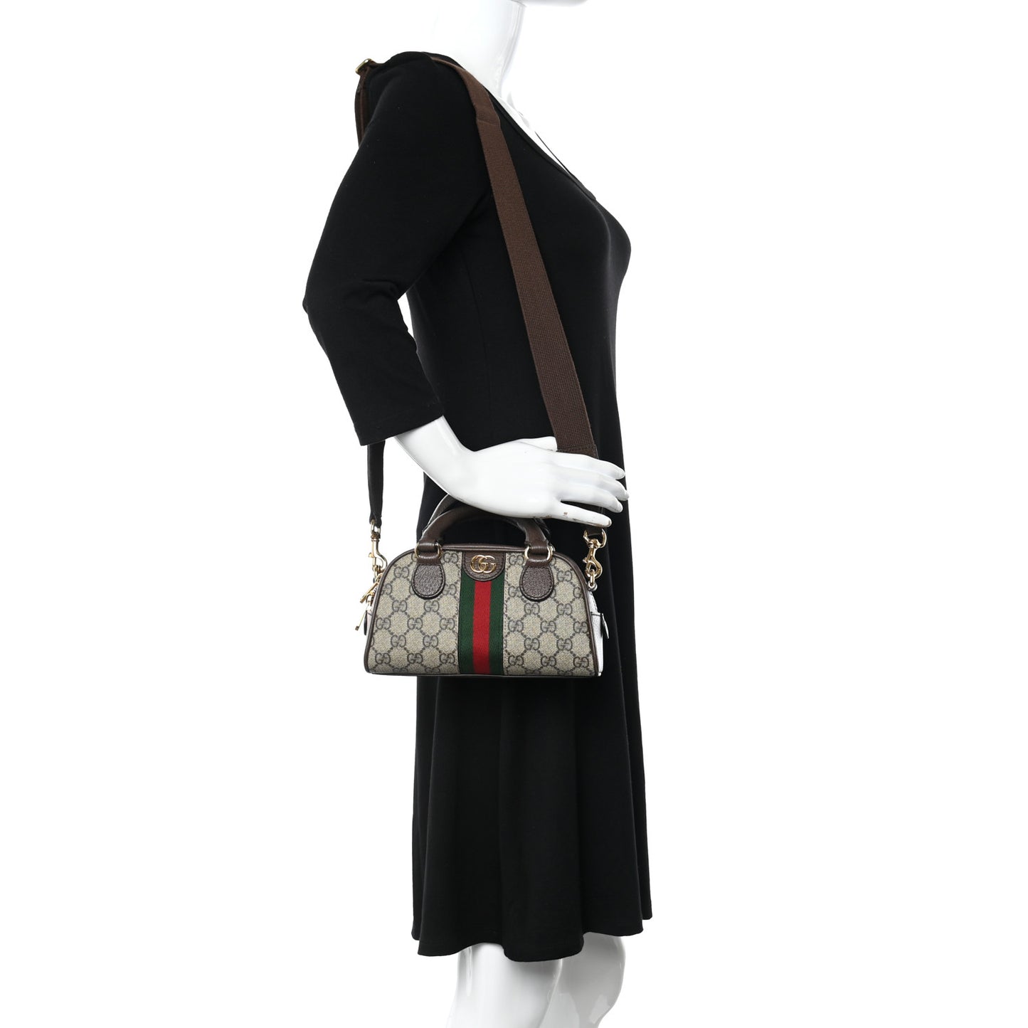GG Supreme Monogram Textured Dollar Calfskin Web Mini Ophidia Top Handle Bowler Bag Beige Ebony New Acero