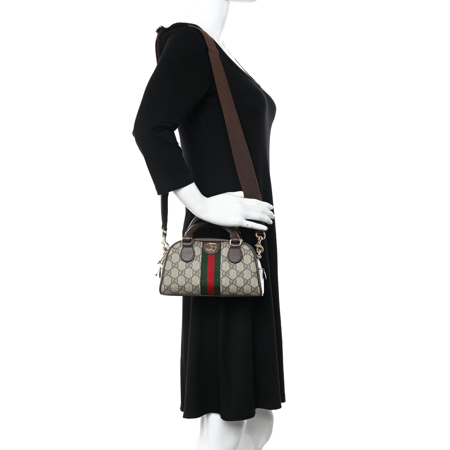 Gucci GG Supreme Monogram Textured Dollar Calfskin Web Mini Ophidia Top Handle Bowler Bag Beige Ebony New Acero 2 of 14