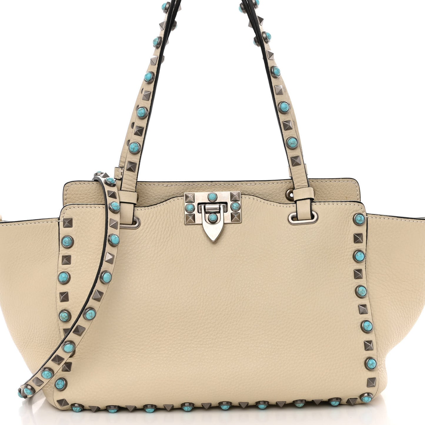 Grained Calfskin Turquoise Small Rockstud Rolling Tote Light Ivory