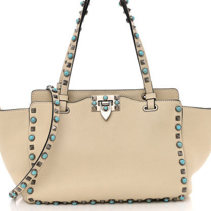 Valentino Garavani Grained Calfskin Turquoise Small Rockstud Rolling Tote Light Ivory 7 of 9