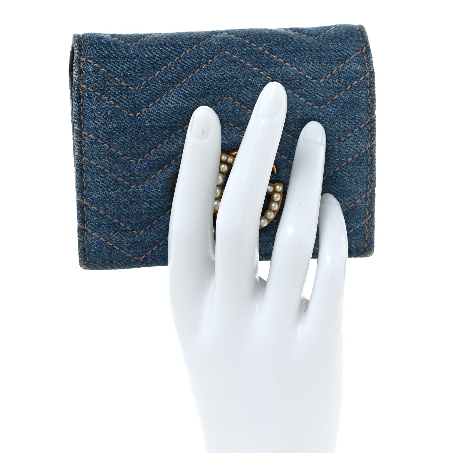 Gucci Denim Matelasse Pearly GG Marmont Card Case Wallet Blue 2 of 9