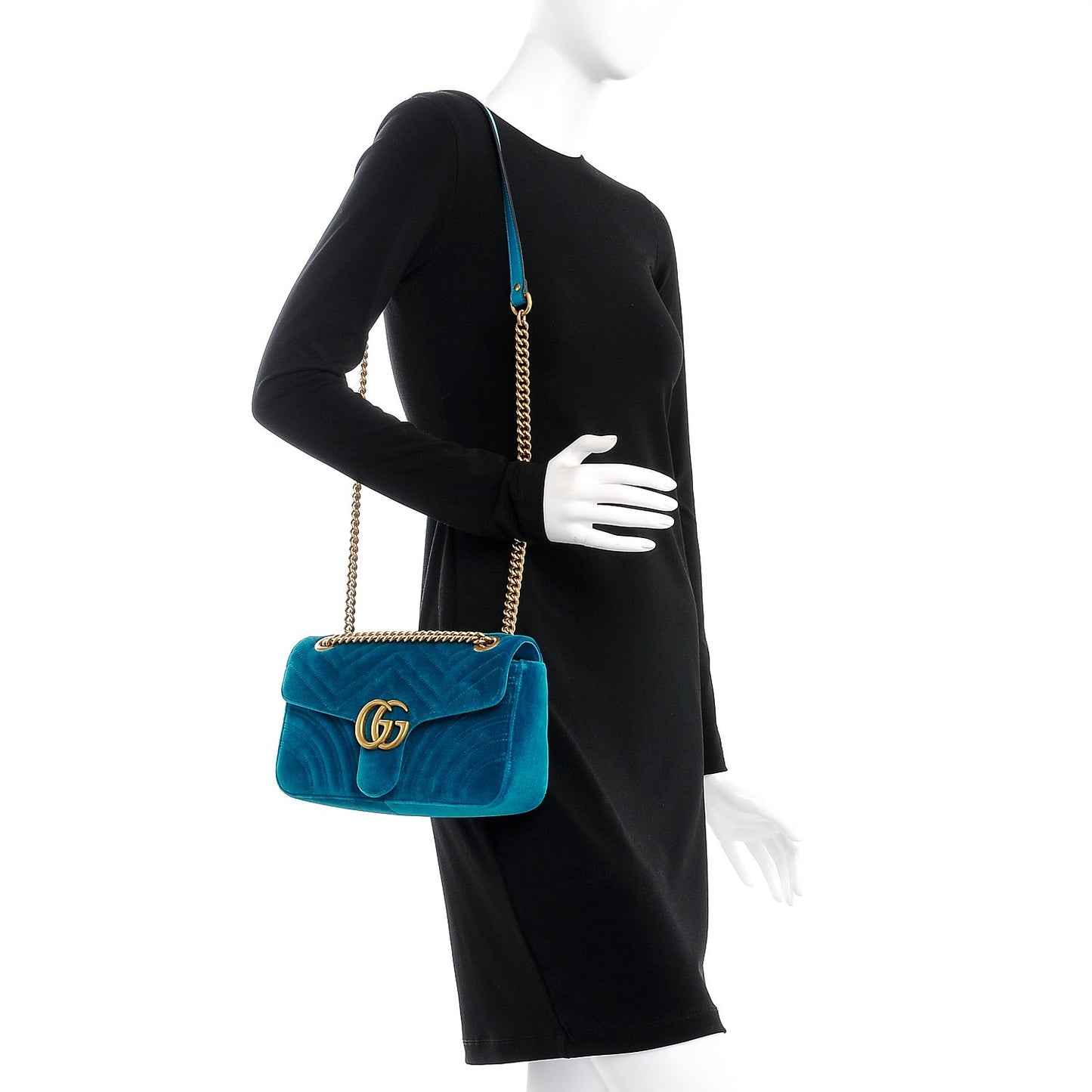 Velvet Matelasse Small GG Marmont Shoulder Bag Pavone Cyan