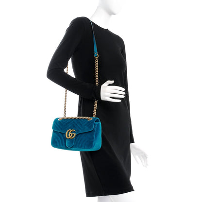 Gucci Velvet Matelasse Small GG Marmont Shoulder Bag Pavone Cyan 2 of 8
