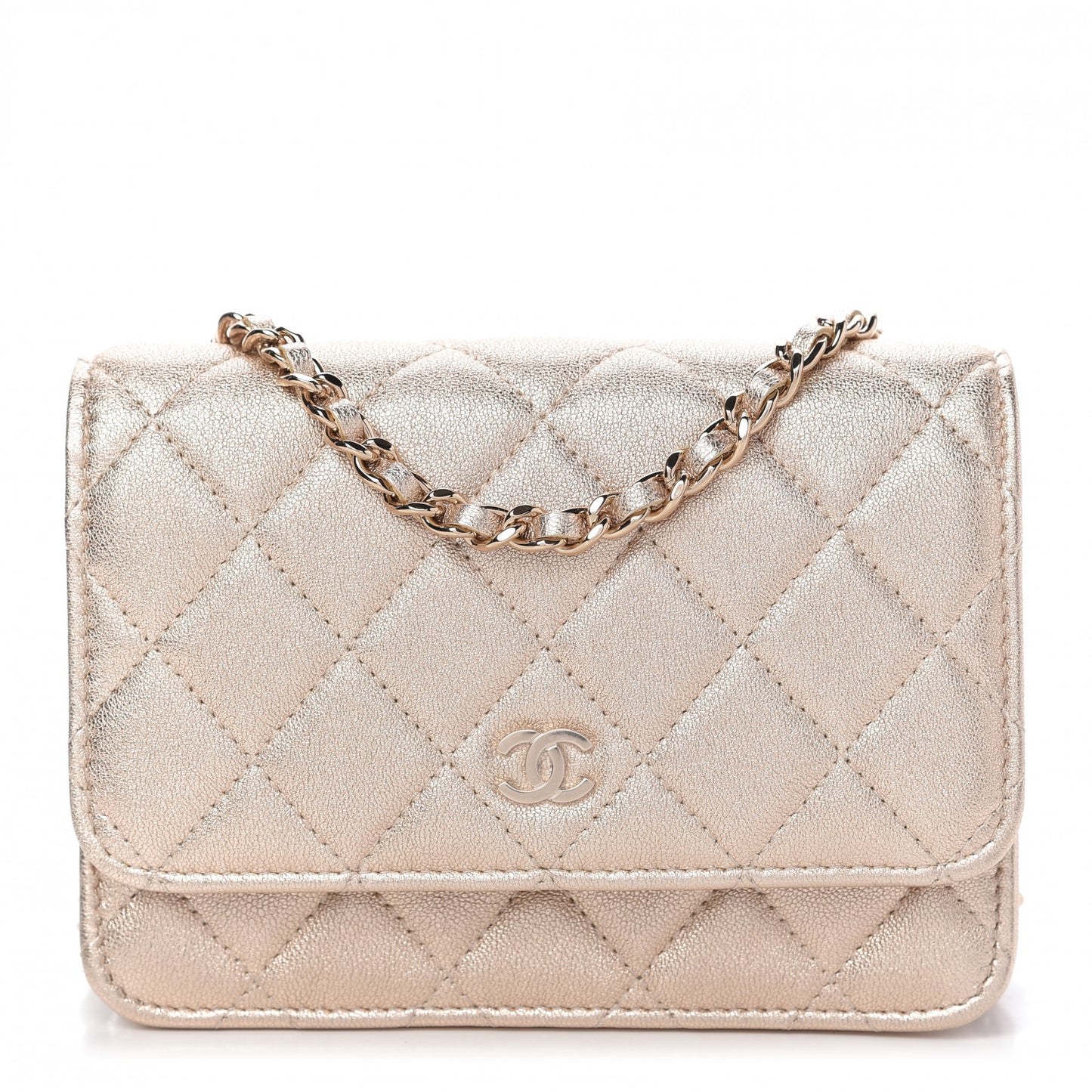 Metallic Lambskin Quilted Mini Wallet On Chain WOC Gold