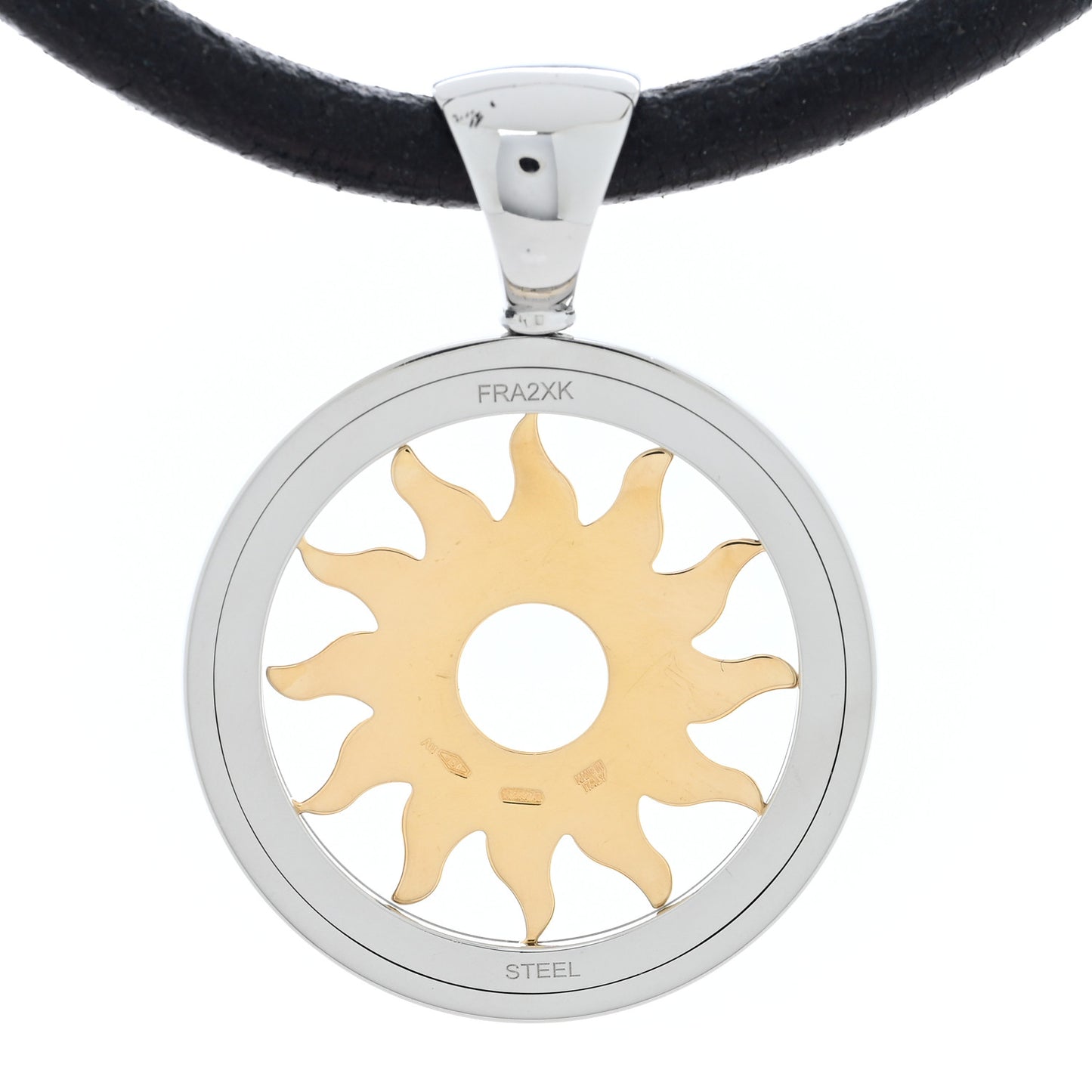 18K Yellow Gold Stainless Steel Calfskin Tondo Sun Pendant Necklace Black