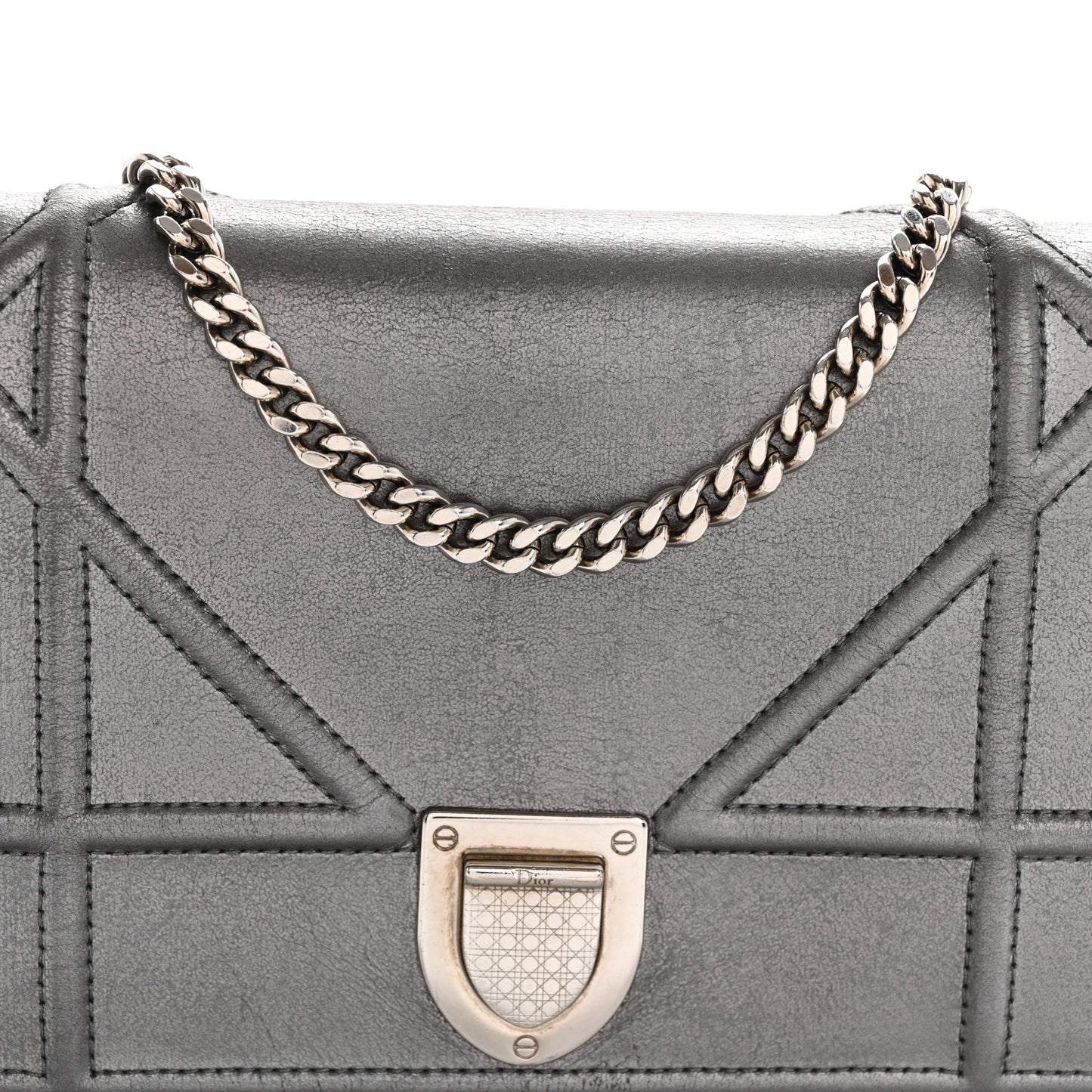 Metallic Grained Calfskin Diorama Wallet on Chain Pouch Gunmetal Grey