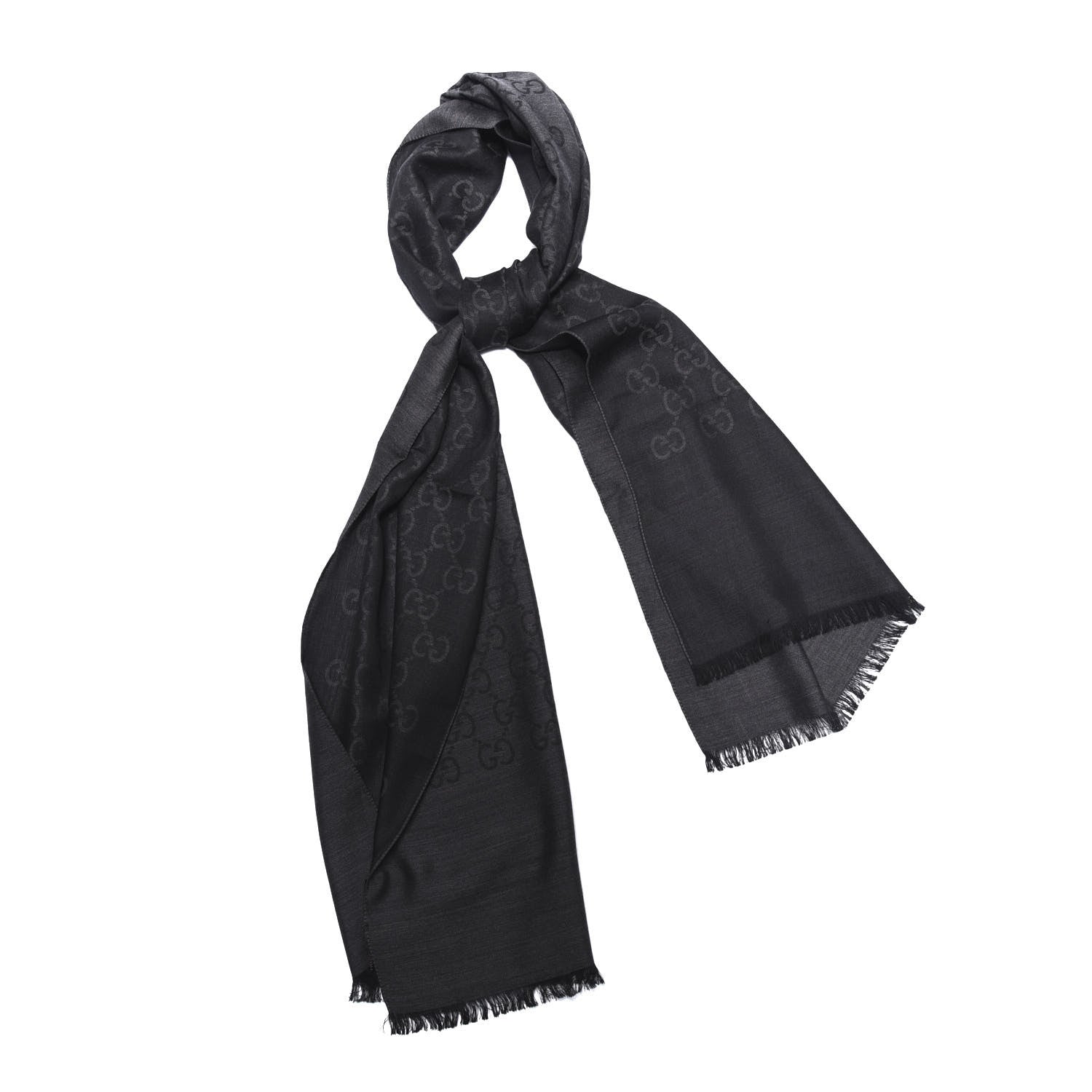 Gucci Wool Silk Jacquard Monogram Fringe Scarf Anthracite Black 1 of 4