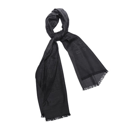 Gucci Wool Silk Jacquard Monogram Fringe Scarf Anthracite Black 1 of 4