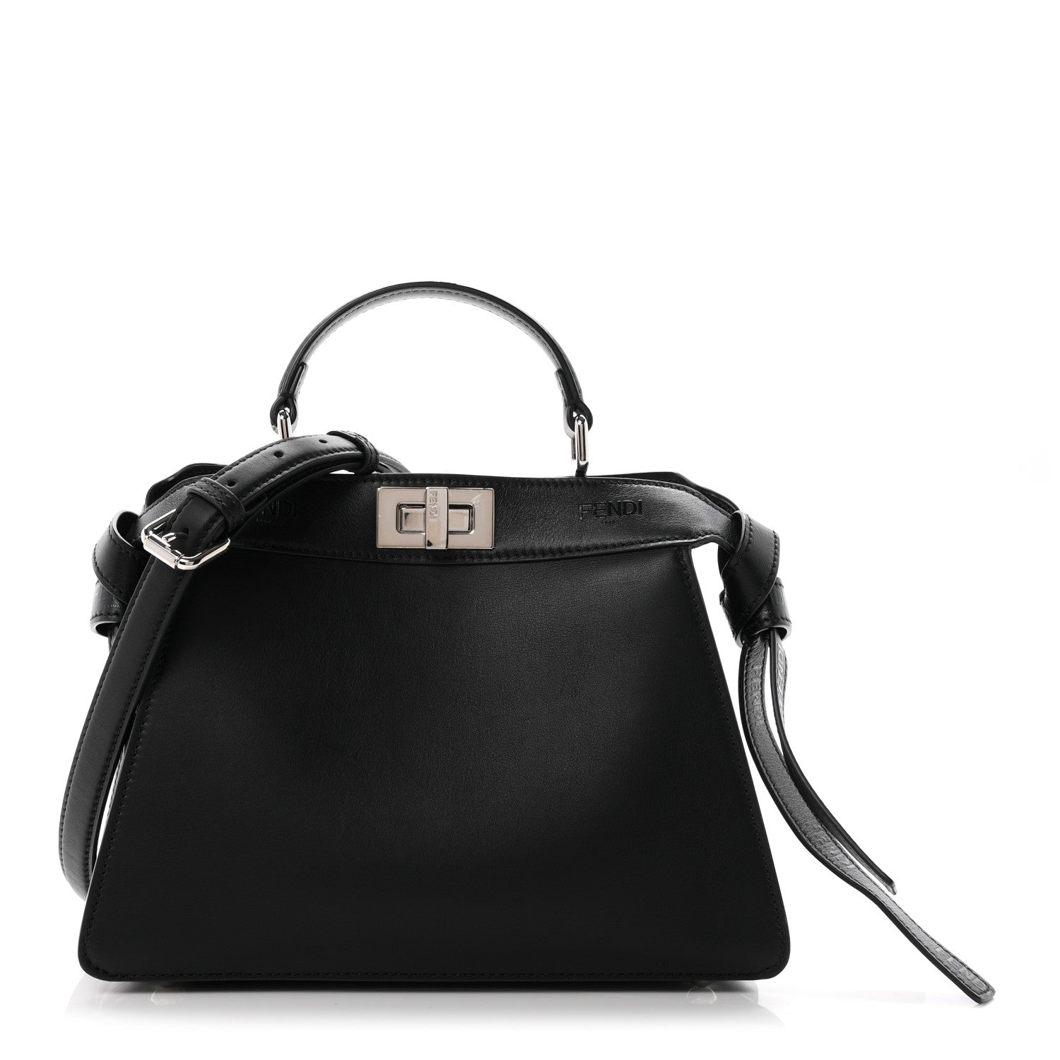 Fendi Vitello Seta Shiny Nappa Logo Embossed Laces Small Peekaboo I SEE U Satchel Black 1 of 10