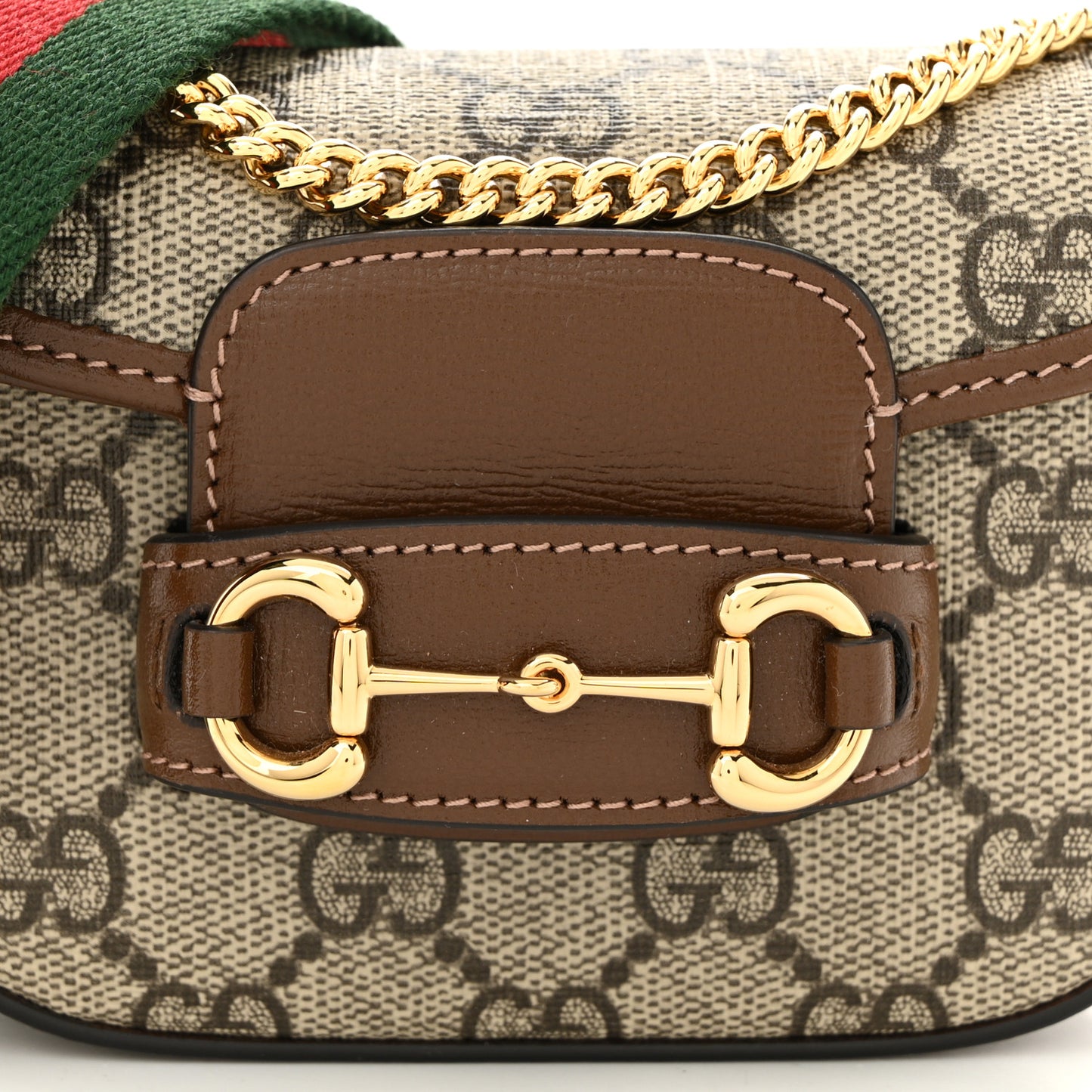 GG Supreme Monogram Azalea Calfskin Web Horsebit 1955 Wallet On Strap Beige Ebony Brown Sugar
