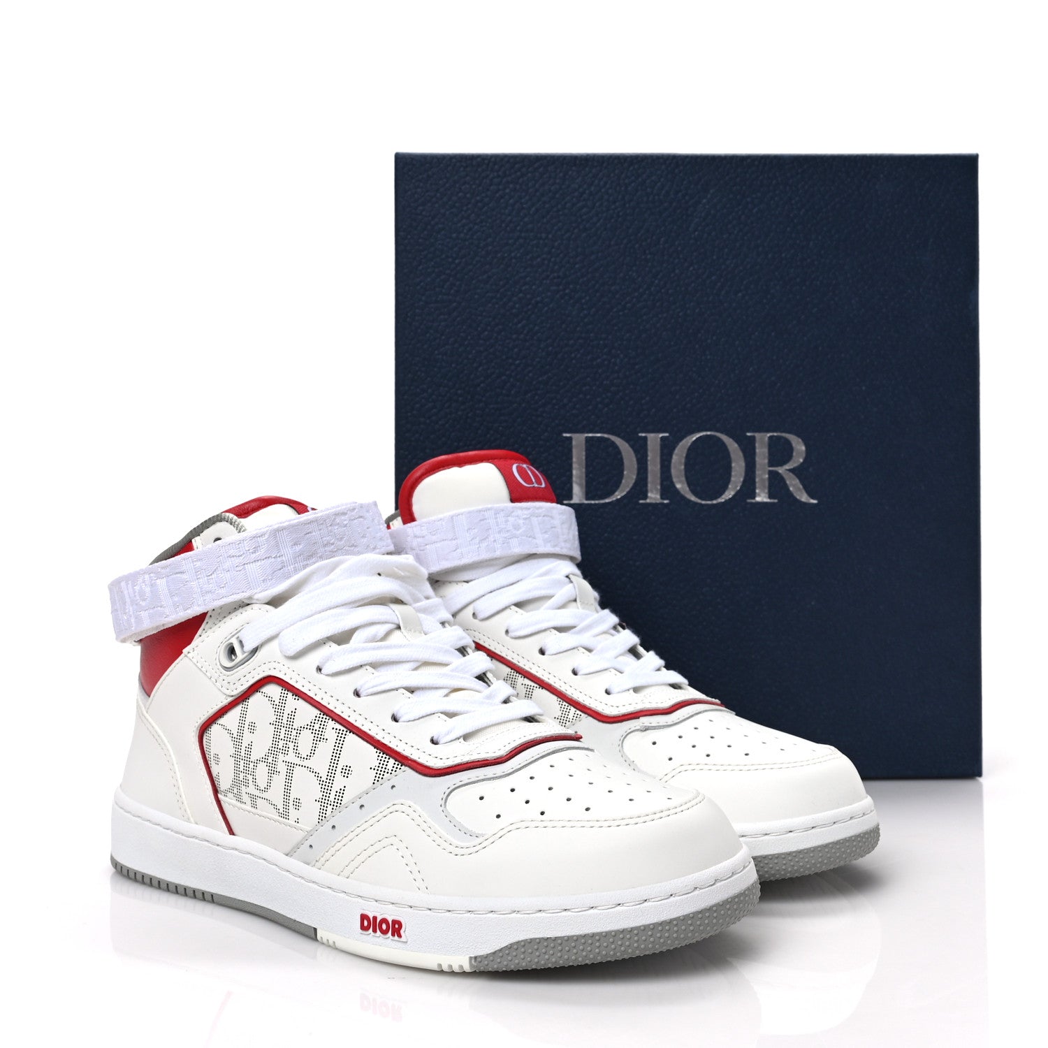 Christian Dior Smooth Calfskin Oblique Galaxy Perforated Mens B27 Mid Top Sneakers 41 White Red 8 of 8