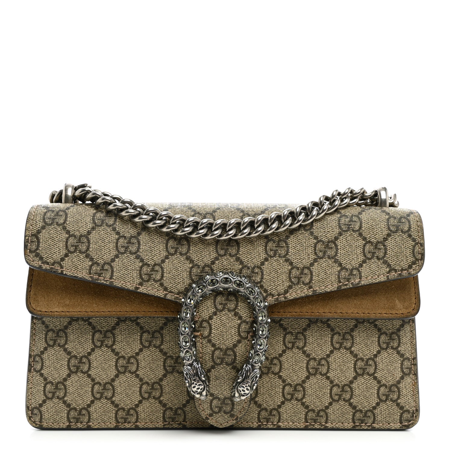 Gucci GG Supreme Monogram Suede Crystal Small Dionysus Shoulder Bag Beige Ebony Taupe 1 of 11