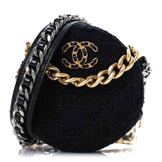 Tweed Quilted 19 Round Clutch With Chain Black