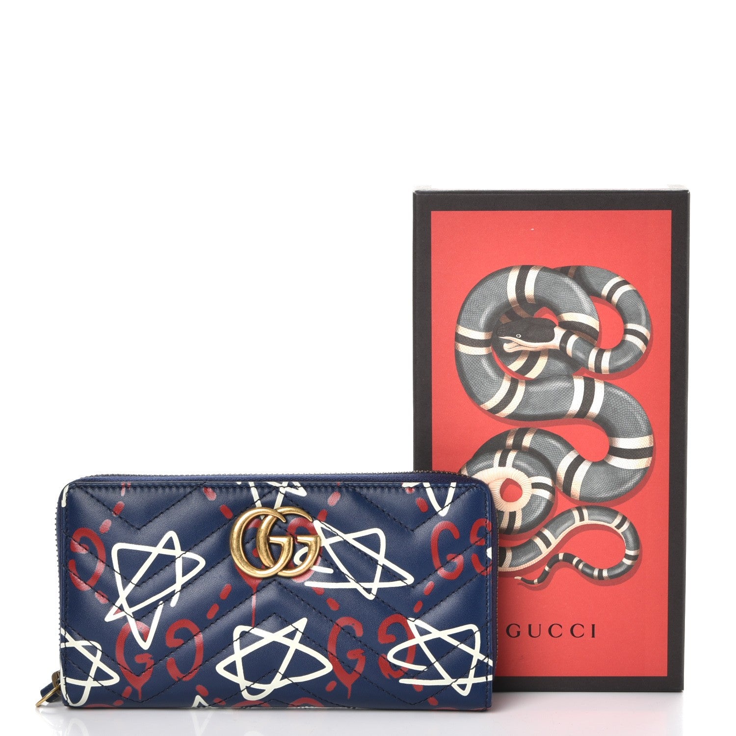 Gucci Calfskin Matelasse GucciGhost GG Marmont Zip Around Wallet Blue Agata Hibiscus Red 8 of 8
